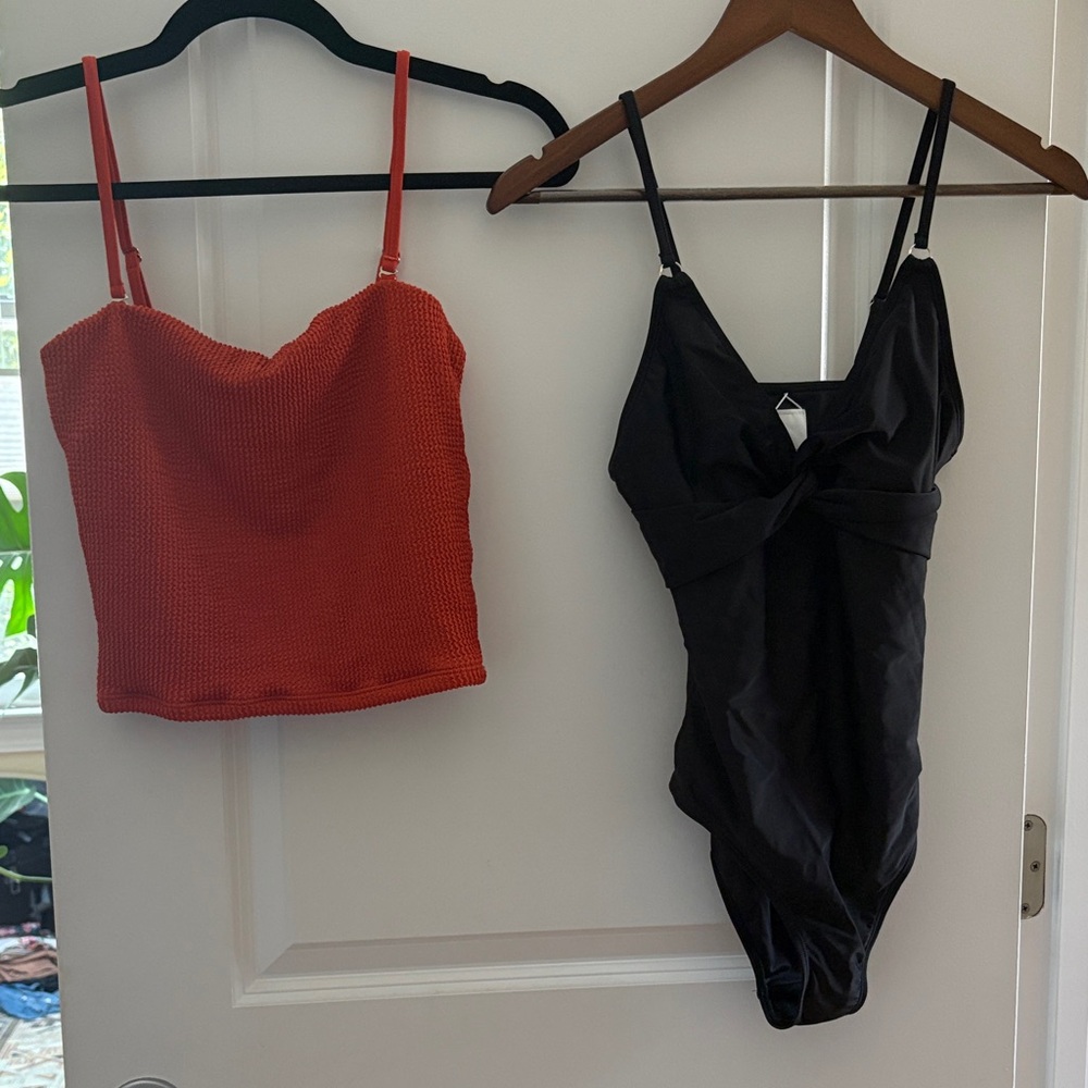SET orange Knit Swim Top with a black one piece bathing suit